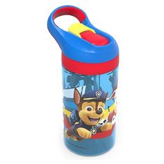 a blue and red plastic water bottle with paw patrol on the side, in front of a white background