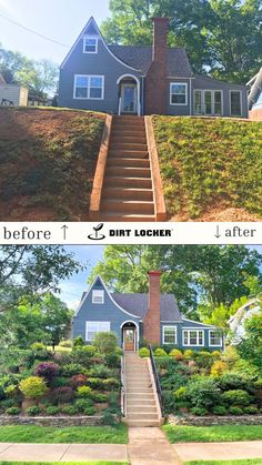 before and after pictures of a house in the same area with stairs leading up to the front door