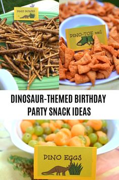 dinosaur themed birthday party snack ideas with free printable tags and place cards for each