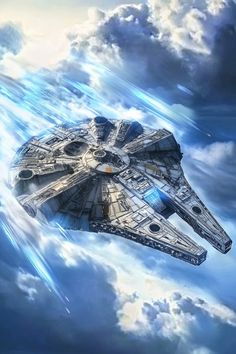 a star wars ship flying through the air with clouds in the backgroung