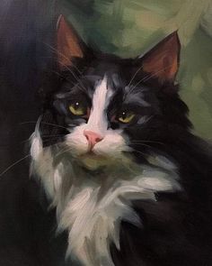 a painting of a black and white cat with yellow eyes