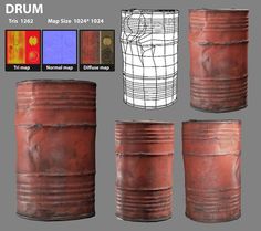 an image of some old barrels with different colors and shapes to paint them in the style of drums