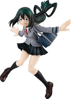 an anime character wearing a school uniform and carrying a book bag in her hand, running