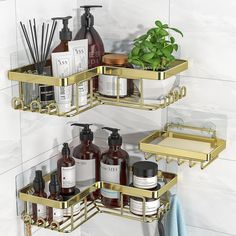 two shelves with soaps, lotions and other bathroom items