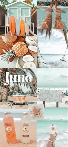 the collage shows different types of food and drinks on the beach with palm trees in the background