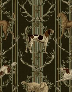 an animal themed wallpaper with dogs and antlers on green, brown and white stripes