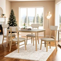 a dining room table and chairs with a christmas tree in the corner next to it