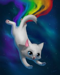 a white cat with blue eyes is flying through the air in front of a rainbow colored sky