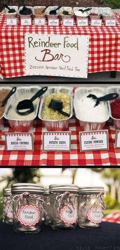 a red and white checkered table cloth with food in mason jars on the top