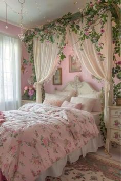 a bedroom with pink walls and white curtains on the windowsills is decorated with flowers