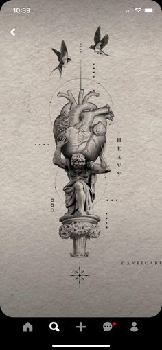 a drawing of a human heart on top of a fountain with birds flying around it