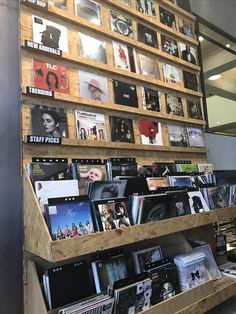 there are many records on display in the store