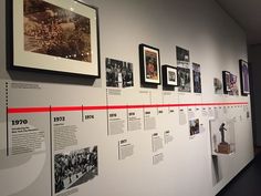 a wall with many pictures on it and red tape in front of the white wall