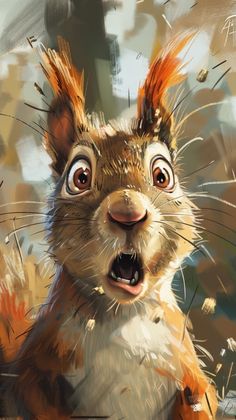 a painting of a squirrel with its mouth open and eyes wide open, looking surprised