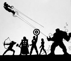 the silhouettes of people are flying kites in the sky with captain america and iron man