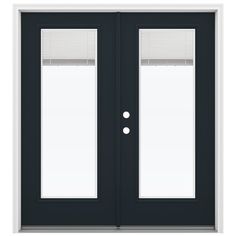 a black double door with blinds on the top and side panels, in front of a white background