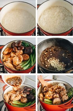 four pictures show how to cook chicken and vegetables in a pot on the stove top