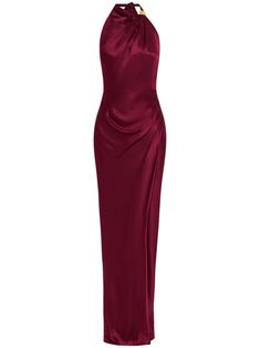 red halterneck tie fastening concealed side zip fastening gold-tone bead detailing draped detailing pleat detailing cross over front slit full lining straight hem floor-length Satin Red Dress, Red Satin Dress, Wardrobe Edit, Aesthetic Stuff, Van Cleef Arpels, Boots Fall, Exclusive Fashion, Book Decor, Fashion Aesthetic