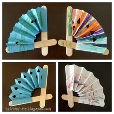 four different types of paper fans on wooden sticks