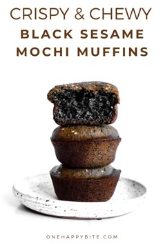 three muffins stacked on top of each other with the title crispy and chewy black sesame mochi muffins