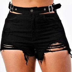 High Waist Buckle Short. Color Black, Stretch Cheap Edgy Shorts With Pockets, Cheap High-waisted Party Shorts, Lace Biker Shorts, Wattpad Outfits, Wrestling Clothes, Goth Shorts, Gothic Shorts, Drawing Help, Future Room