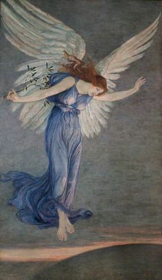 an angel with white wings and blue dress holding flowers in her hands, standing on the ground