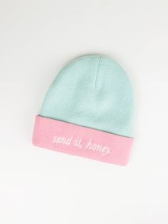 Hit the slopes, the trail, or the town in style with this adorable ribbed knit beanie in a fun two-tone pink and blue color, adorned with embroidered 'send it, honey.' One size fits most. Material has some stretch. Ski Like a Girl was established in 2017, in Bozeman, Montana, by longtime Heyday collaborator, Kimmie. The Ski Like a Girl line of apparel, accessories, and stickers is designed to push the boundaries and encourage women and girls to get into the mountains and enjoy the outdoors. Proudly printed in Bozeman, Montana. Ribbed Knit Beanie, Honey Candy, Ski Girl, Bozeman Montana, Ski Shop, Women Encouragement, Like A Girl, Fun Designs, The Trail