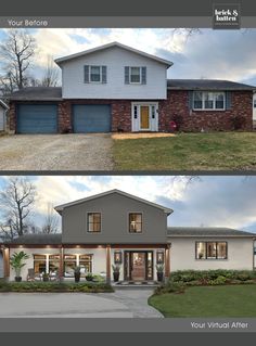 before and after photos of a house with two garages on each side, the front door is open