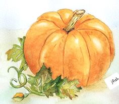 a watercolor drawing of a pumpkin with leaves on the ground and a name tag in front of it