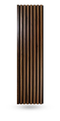 a wooden door with vertical slats on the front and side panels in dark wood