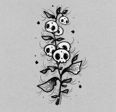 a black and white drawing of flowers with skulls on them