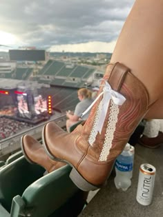 Boot Ribbon Ideas, Ribbons On Cowboy Boots, Ribbon Cowboy Boots, Cowgirl Boots With Ribbon, Bows On Cowboy Boots, Country Girl Shoes, Cowboy Boots With Ribbon, Bows On Boots, Ribbon On Boots