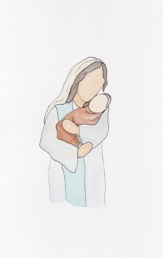 a watercolor drawing of a woman holding a baby in her arms and wearing a blanket