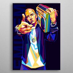 a painting of a man holding a boombox and pointing to the side with his finger