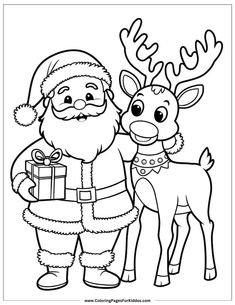 santa claus and his reindeer are holding presents for the kids to color in this christmas coloring page