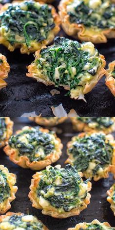 spinach and cheese tarts on a baking sheet