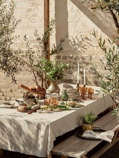 an outdoor table with olive trees and candles