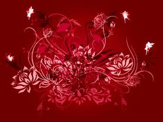 a red background with flowers and leaves on the bottom right hand corner is an abstract floral arrangement