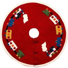 a red round rug with cars and trucks on the bottom, in front of a white background