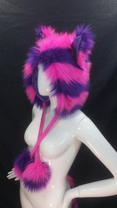 Pink Purple Cheshire Cat Furry Hat Purple Pink Fluffy Rave | Etsy Rave Hood, Alice In Wonderland Cosplay, Nocturnal Wonderland, Wonderland Cosplay, Cheshire Cat Costume, Rave Hats, Rave Fits, Scene Outfits, Cat Costume