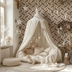 a white canopy bed sitting in a bedroom next to a wallpaper covered with stars