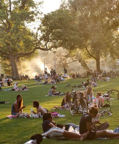 many people are sitting on the grass and relaxing