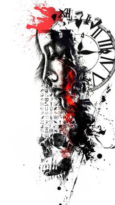 an artistic drawing of a clock with red paint splatters on the face and hands