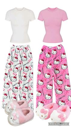 Pjs Outfits Hello Kitty, Cute Outfits Hello Kitty, Cute Pajamas Pink, Pajama Outfits Aesthetic, Pijama Da Hello Kitty, Baddie Pjs Outfits, Matching Hello Kitty Pajamas, Aesthetic Pyjamas Outfit, Cute Pyjama Aesthetic