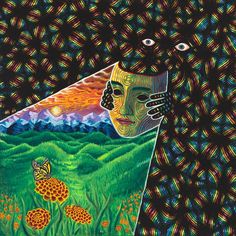 an image of a woman with her face in the middle of a field and butterflies flying around