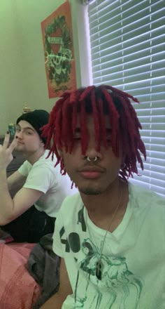 Dyed Hair Guys, Male Dyed Locs, Dreds Locs Men Dyed, Black And Red Dreads Men, Locs Men Aesthetic, Alt Dreads Men, Boyfriend Hair