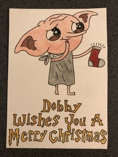 a drawing of a cartoon pig holding a christmas ornament with the words dobby wishes you a merry christmas