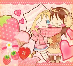 two cartoon characters are hugging each other in front of hearts and ice creams on a pink background