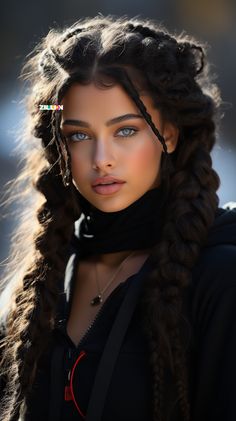 a woman with long hair and braids wearing a black top is looking at the camera