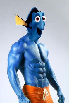 a man in an orange swim trunks and blue fish mask